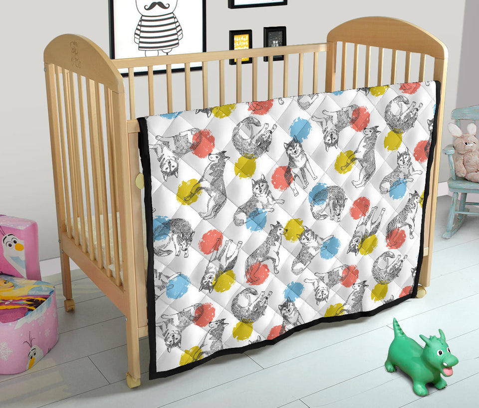 Siberian Husky And Colorful Circle Pattern Premium Quilt
