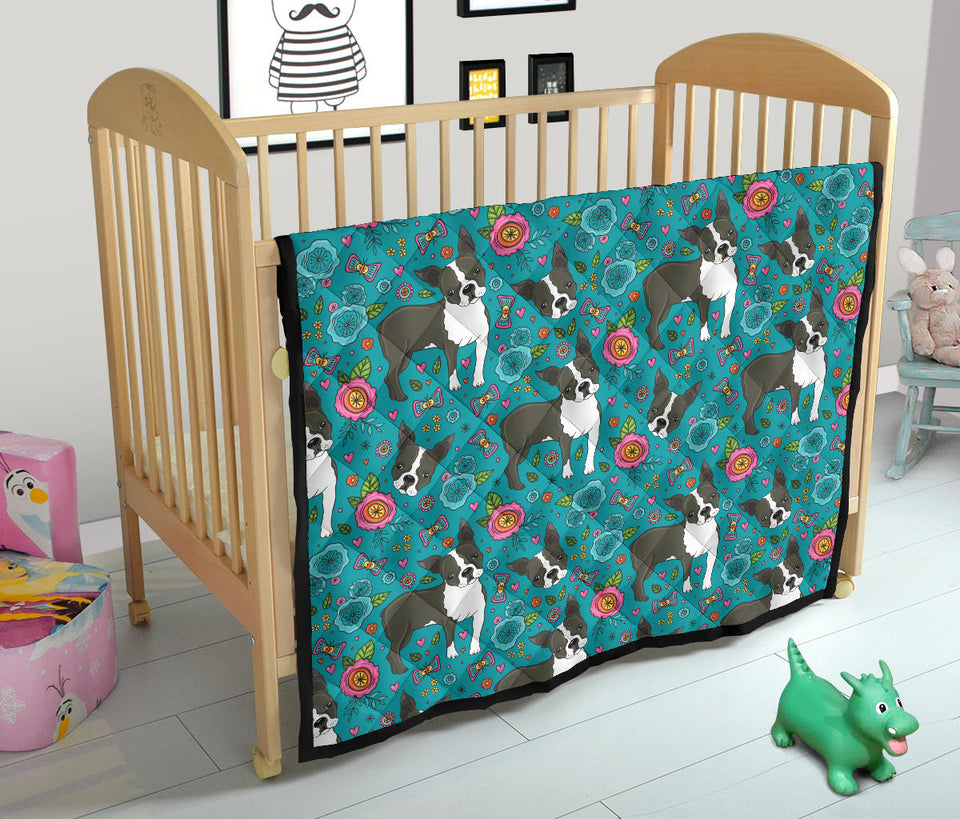 Boston Terrier Beautiful Flower Pattern Premium Quilt