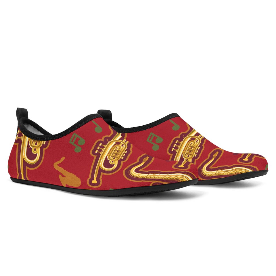 Saxophone Cornet Pattern Red Background Aqua Shoes