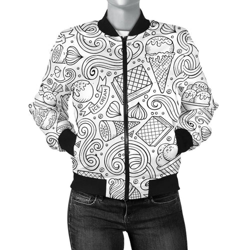 Cartoon Hand Drawn Ice Cream Black White Women'S Bomber Jacket