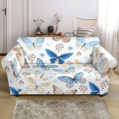 Blue Butterfly Pattern Loveseat Couch Slipcover
