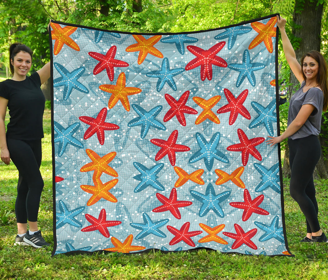 Blue Red Orange Starfish Pattern Premium Quilt