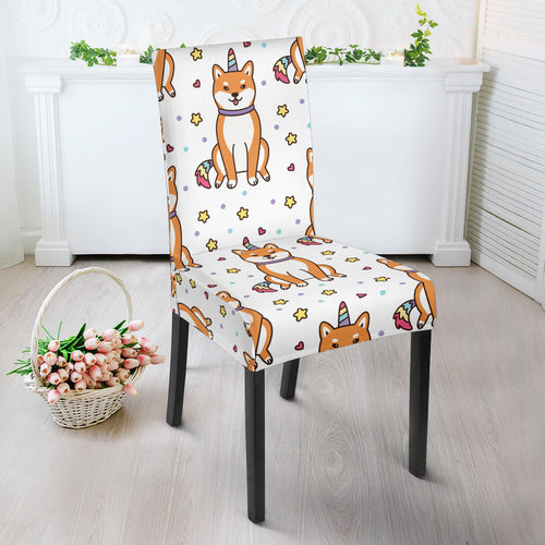 Shiba Inu Unicorn Costume Horn Colorful Tail Pattern Dining Chair Slipcover