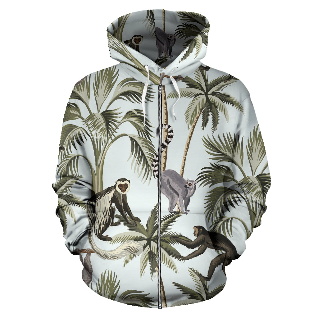 Monkey Sloth Lemur Palm Trees Pattern Zip Up Hoodie