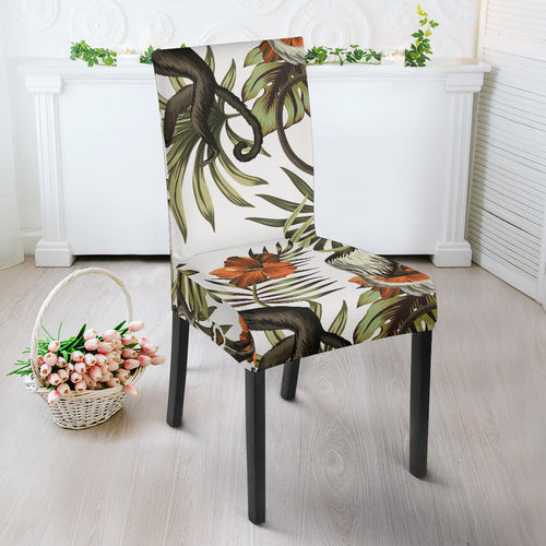 Monkey Red Hibiscus Flower Palm Leaves Floral Pattern Dining Chair Slipcover