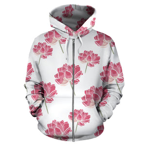 Pink Lotus Waterlily Pattern Zip Up Hoodie