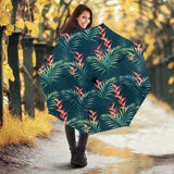 Heliconia Flowers, Palm And Monstera Leaves On Black Background Pattern Umbrella
