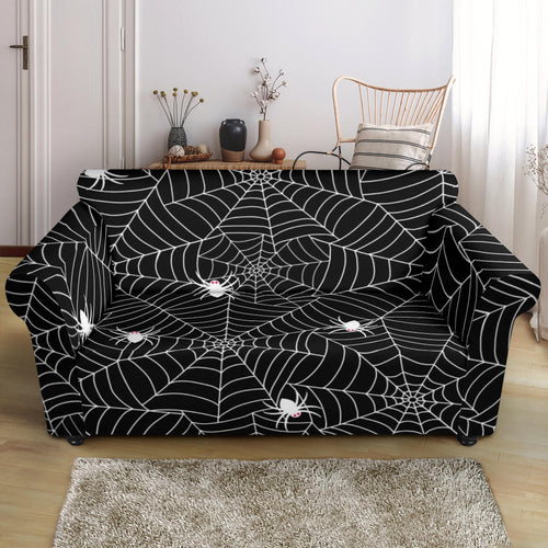 Spider Web Design Pattern Black Background White Cobweb Loveseat Couch Slipcover