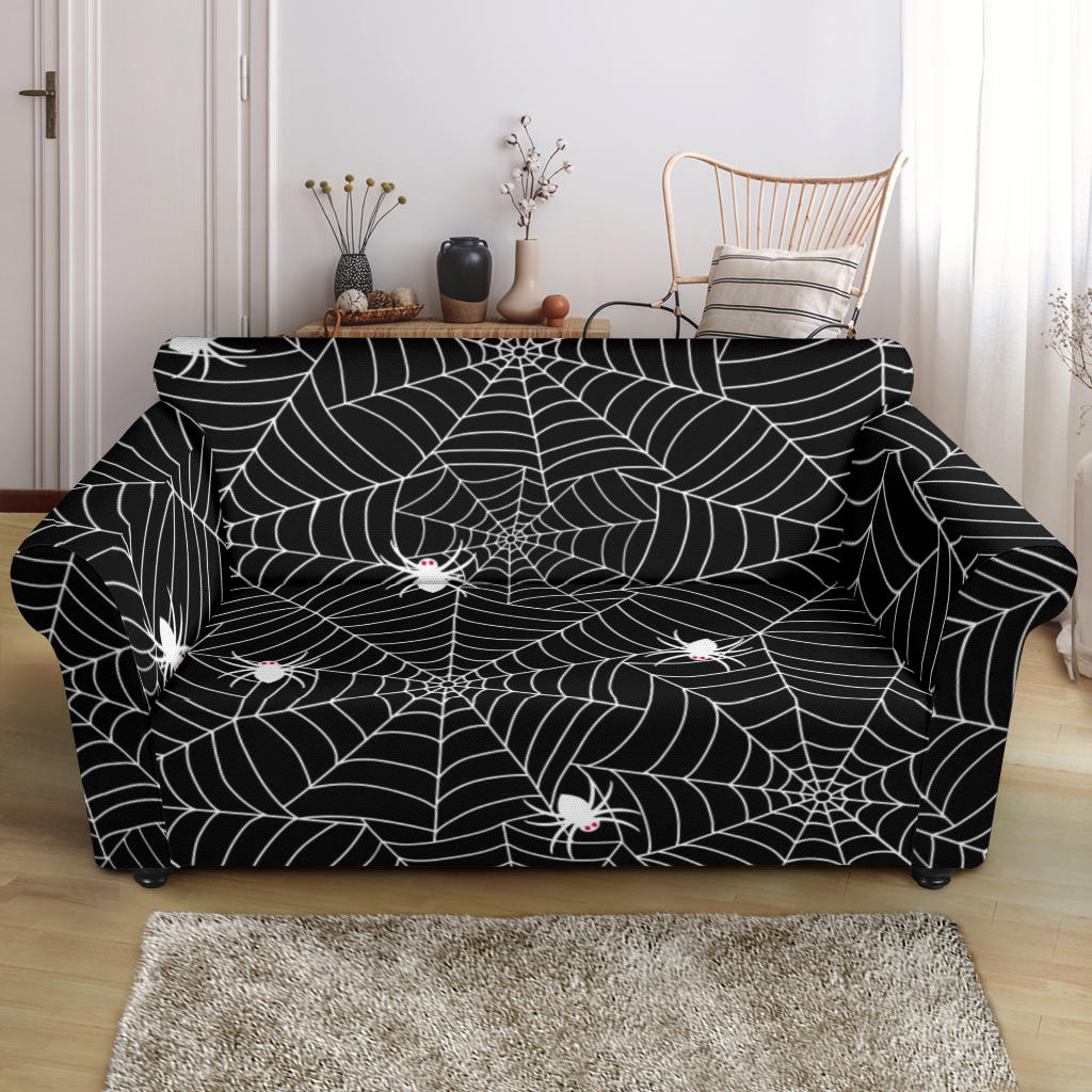 Spider Web Design Pattern Black Background White Cobweb Loveseat Couch Slipcover