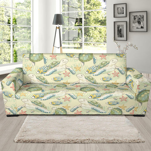 Hand Drawn Sea Turtle Fish Pattern Sofa Slipcover