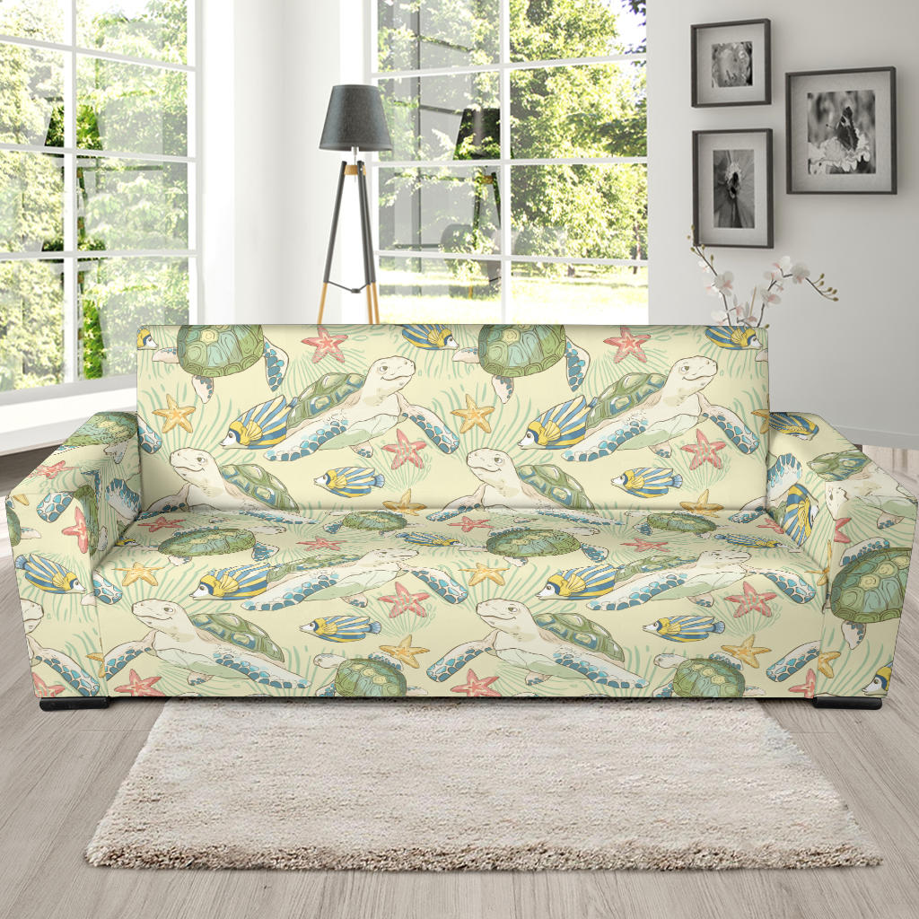 Hand Drawn Sea Turtle Fish Pattern Sofa Slipcover