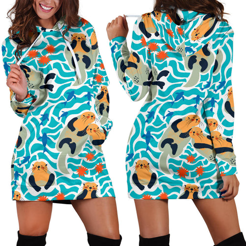 Cute Sea Otters Fishe Sea Urchin Pattern Women'S Hoodie Dress