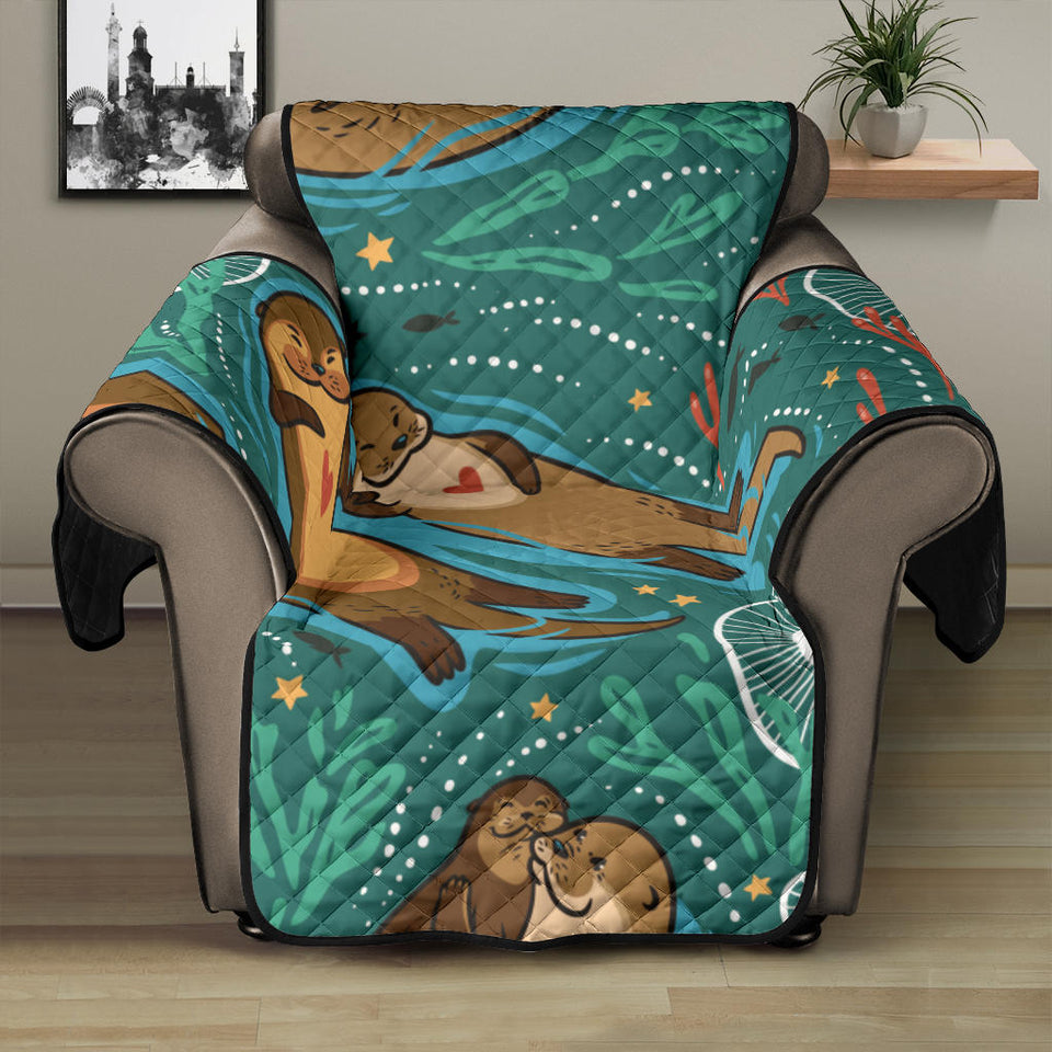 cute brown sea otters ornamental seaweed corals green water Recliner Cover Protector