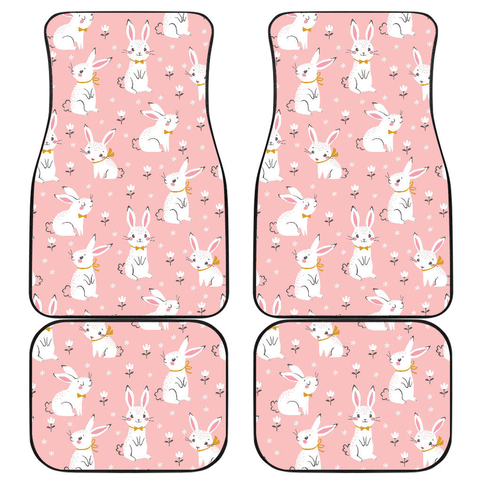 Cute White Rabbit Flower Pink Background Front And Back Car Mats