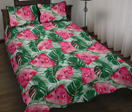 Watermelons tropical palm leaves pattern Quilt Bed Set
