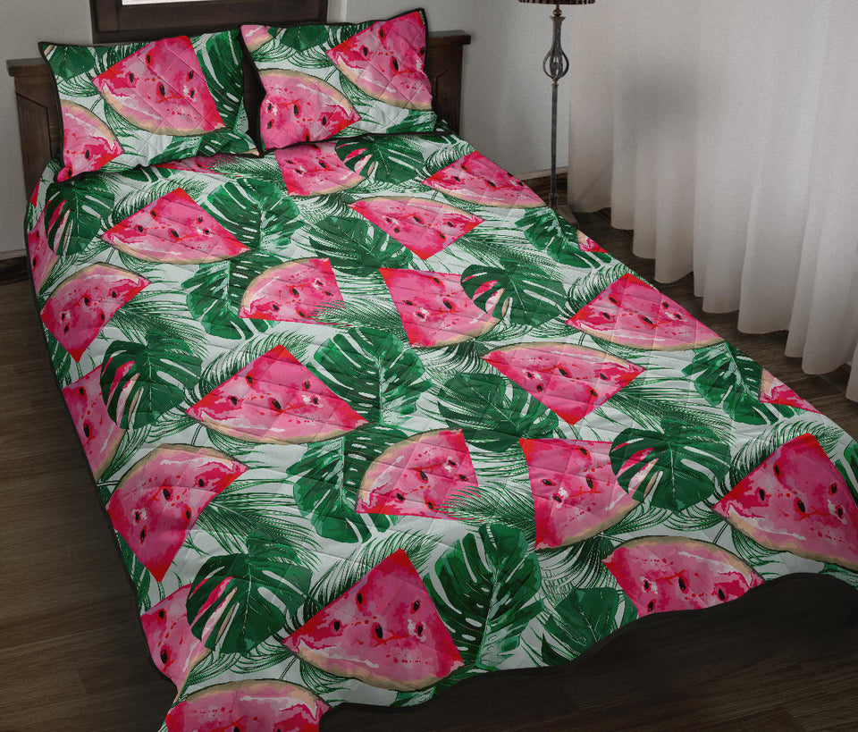 Watermelons tropical palm leaves pattern Quilt Bed Set