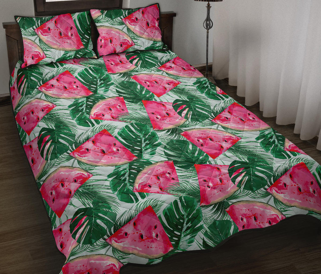 Watermelons tropical palm leaves pattern Quilt Bed Set