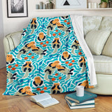 Cute Sea Otters Fishe Sea Urchin Pattern Premium Blanket
