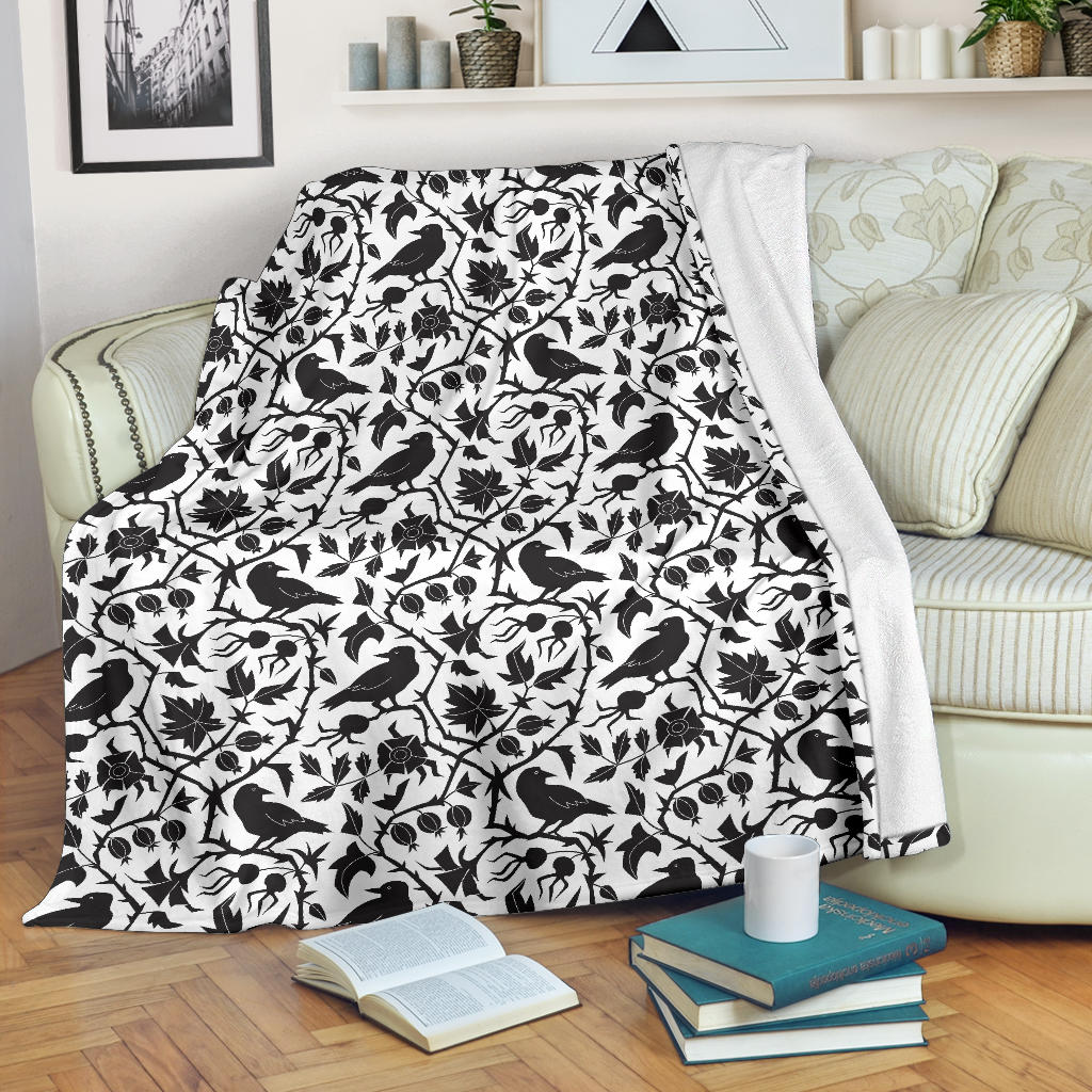 Crow Dark Floral Pattern Premium Blanket