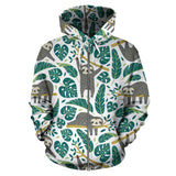Cute Sloths Tropical Palm Leaves White Background Zip Up Hoodie