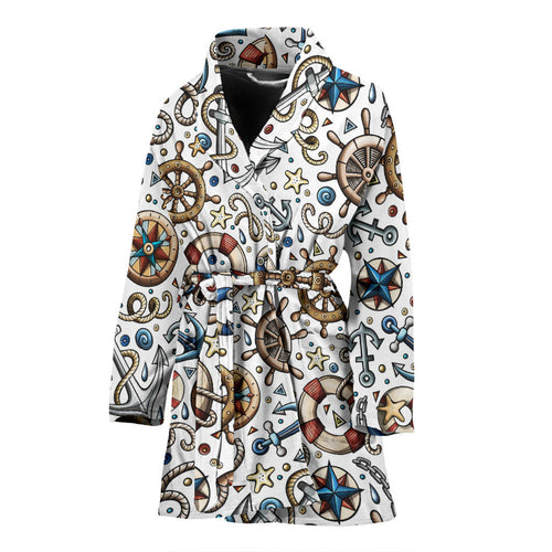 Cute Nautical Steering Wheel Anchor Pattern Women'S Bathrobe