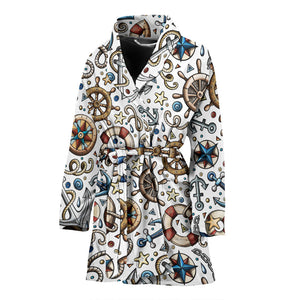 Cute Nautical Steering Wheel Anchor Pattern Women'S Bathrobe