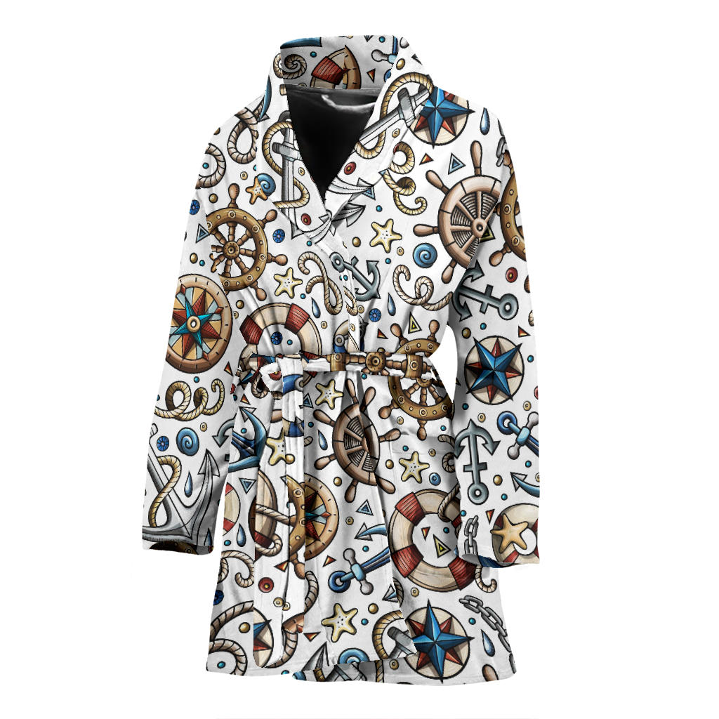 Cute Nautical Steering Wheel Anchor Pattern Women'S Bathrobe