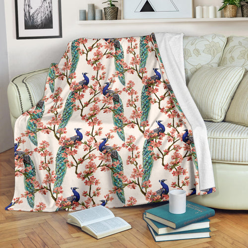 Peacock Tropical Flower Pattern Premium Blanket