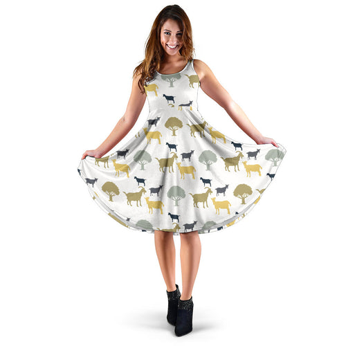 Silhouettes Of Goat And Tree Pattern Sleeveless Midi Dress