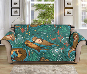 cute brown sea otters ornamental seaweed corals green water Sofa Cover Protector