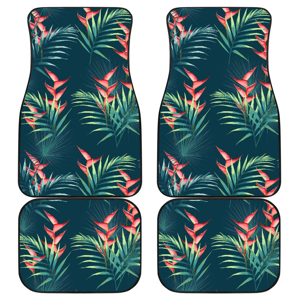 Heliconia Flowers, Palm And Monstera Leaves On Black Background Pattern Front And Back Car Mats