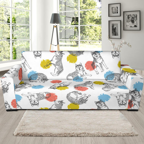 Siberian Husky And Colorful Circle Pattern Sofa Slipcover