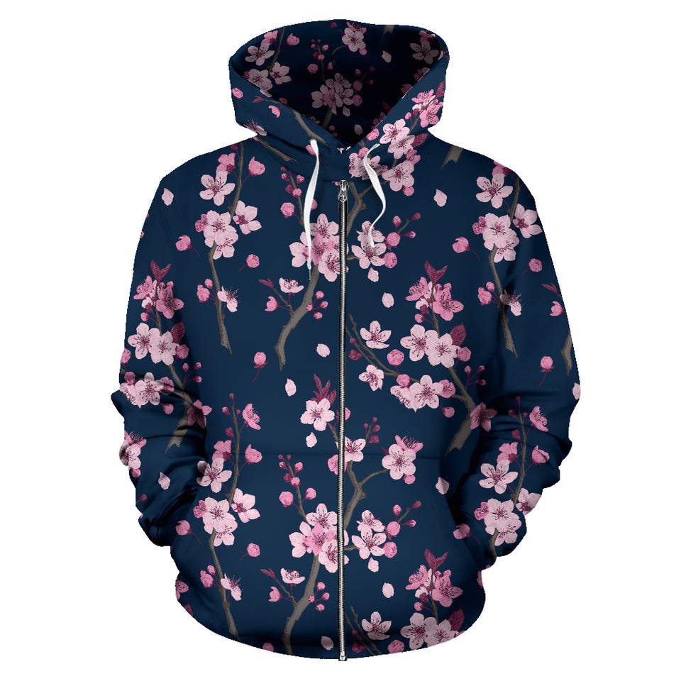 Pink Sakura Cherry Blossom Blue Background Zip Up Hoodie