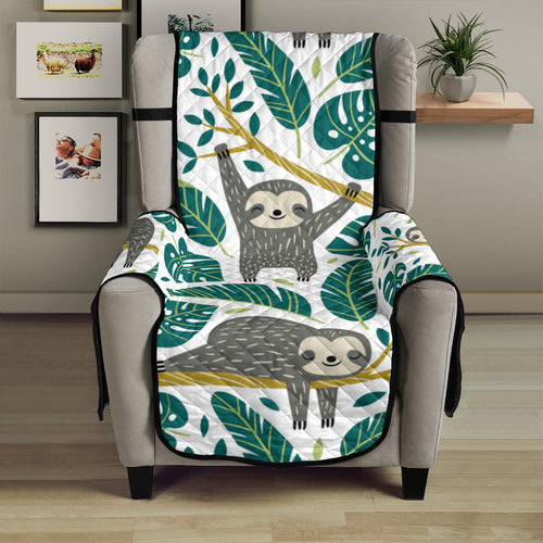 Cute sloths tropical palm leaves white background Chair Cover Protector