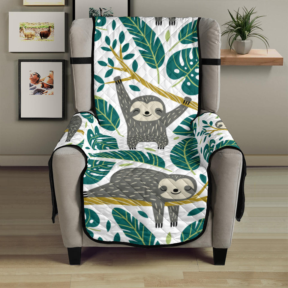 Cute sloths tropical palm leaves white background Chair Cover Protector