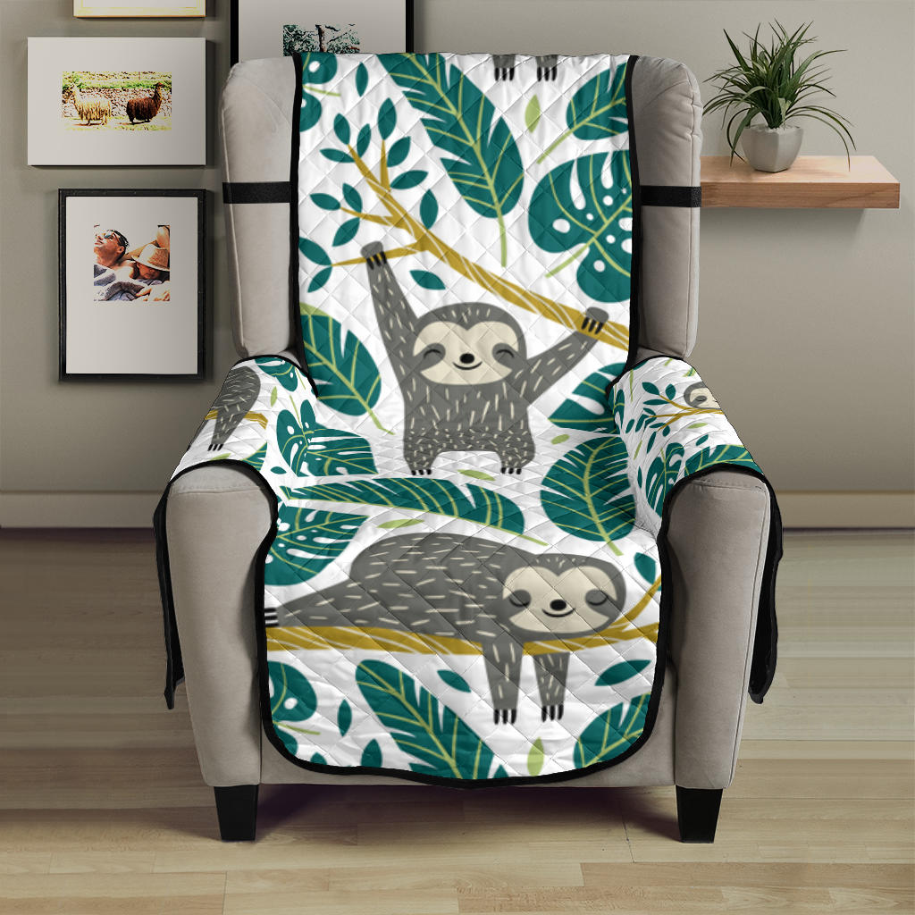 Cute sloths tropical palm leaves white background Chair Cover Protector