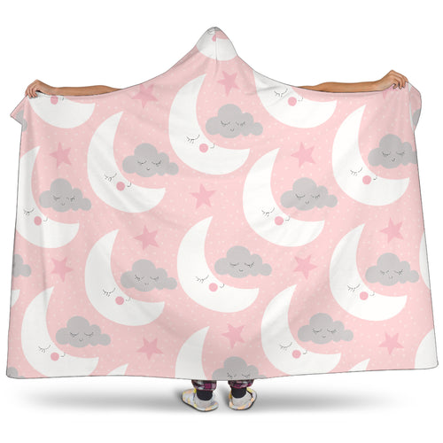 Cute Moon Cloud Star Pattern Pink Dot Background Hooded Blanket