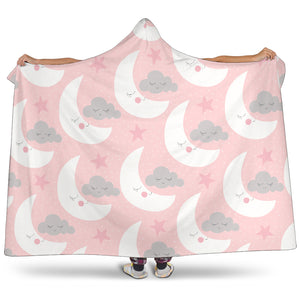 Cute Moon Cloud Star Pattern Pink Dot Background Hooded Blanket