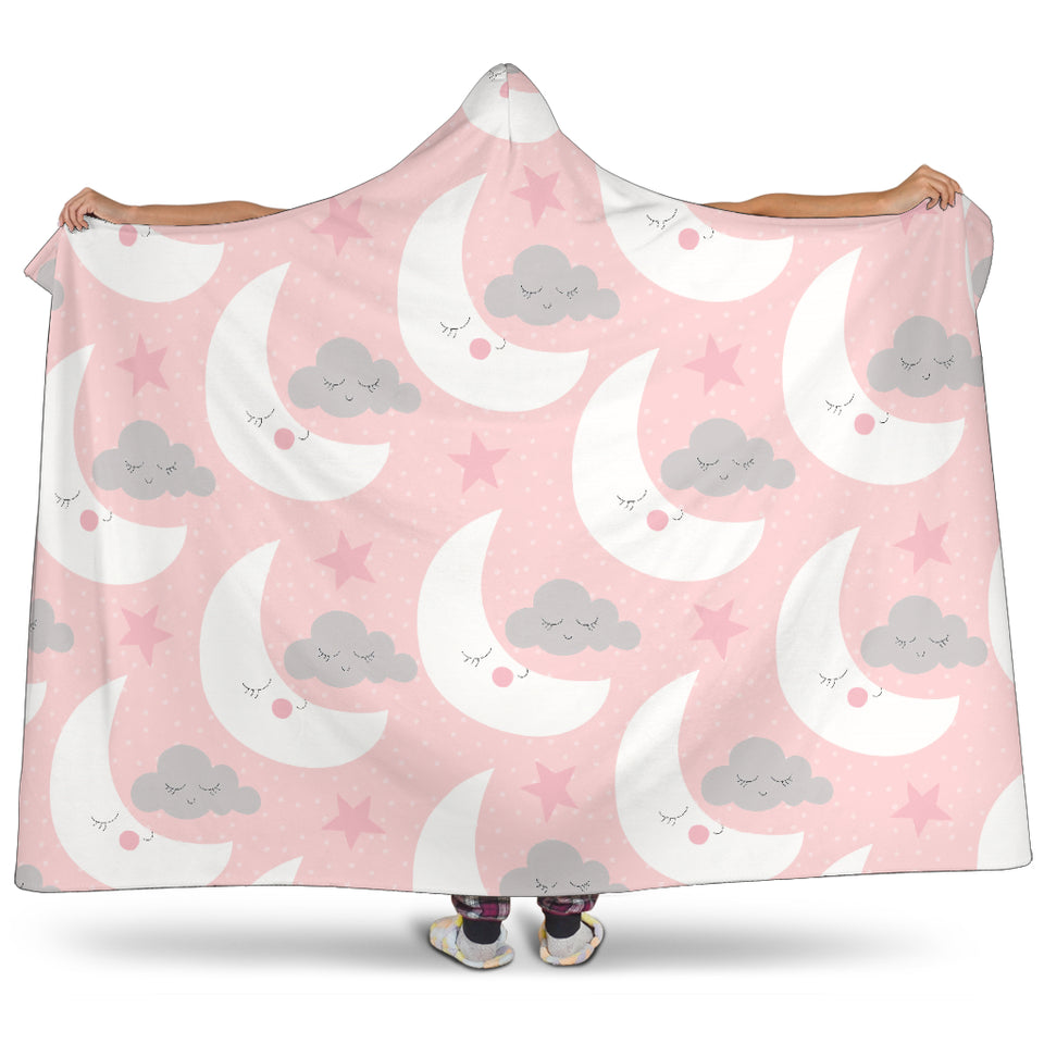 Cute Moon Cloud Star Pattern Pink Dot Background Hooded Blanket