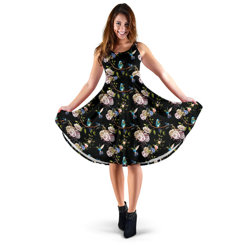Hummingbird Pattern Print Design 03 Sleeveless Midi Dress