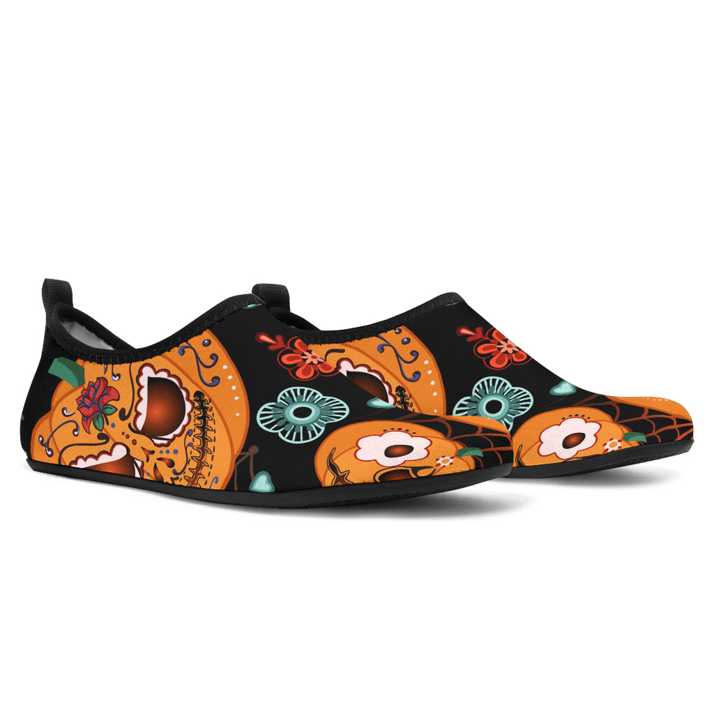 Pumpkin Flowers Spiderweb Halloween Theme Aqua Shoes