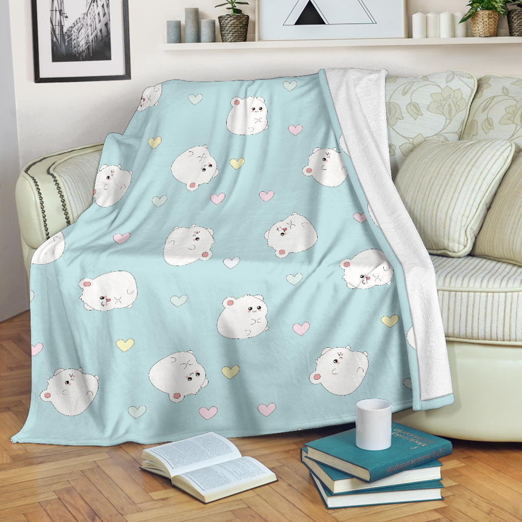 White Cute Hamsters Heart Pattern Premium Blanket