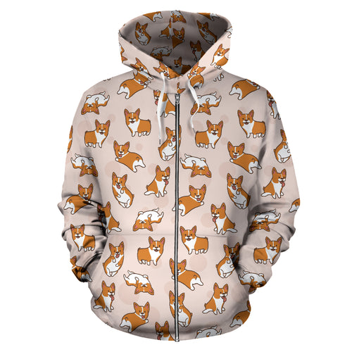 Cute Corgis Pattern Pink Background Zip Up Hoodie