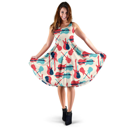 Red Blue Guitar Pattern Sleeveless Midi Dress