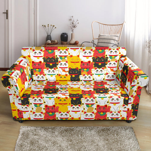 Colorful Maneki Neko Lucky Cat Pattern Loveseat Couch Slipcover