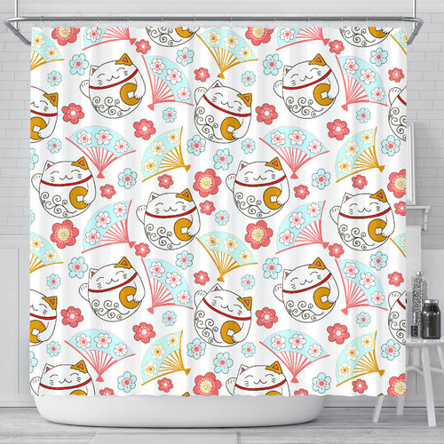 Maneki Neko Lucky Cat Fan Sakura Shower Curtain Fulfilled In US