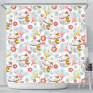 Maneki Neko Lucky Cat Fan Sakura Shower Curtain Fulfilled In US
