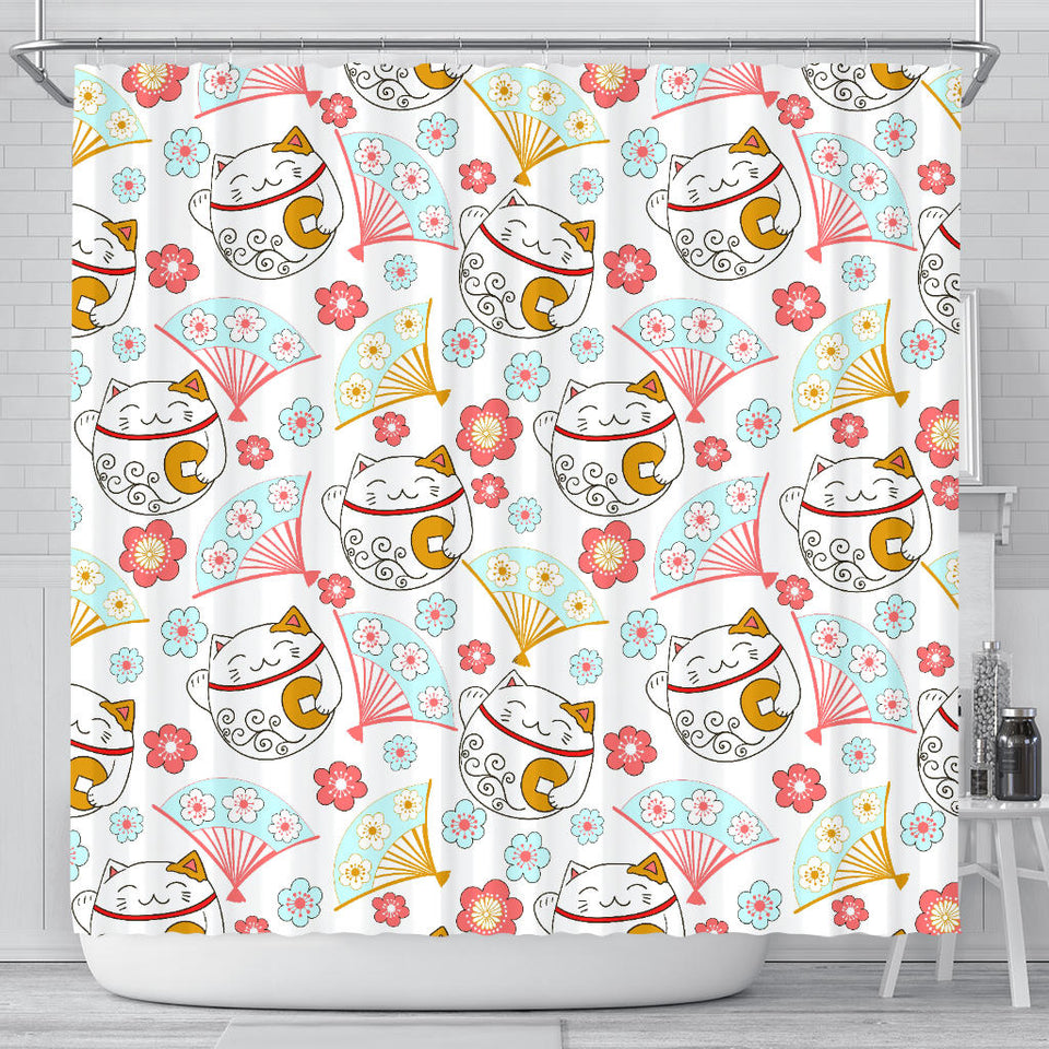 Maneki Neko Lucky Cat Fan Sakura Shower Curtain Fulfilled In US