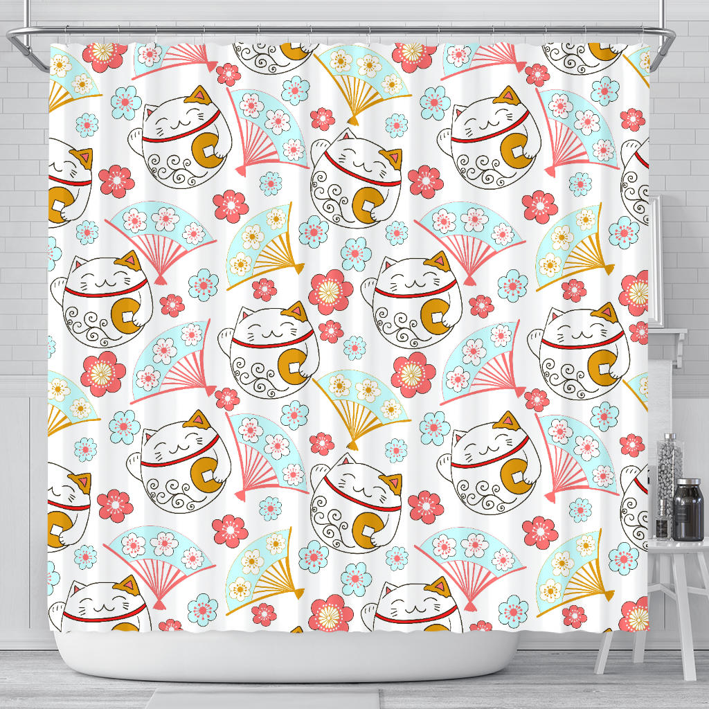 Maneki Neko Lucky Cat Fan Sakura Shower Curtain Fulfilled In US