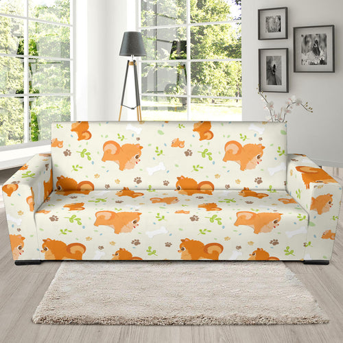 Cute Brown Pomeranian Paw Leave Bone Pattern Sofa Slipcover